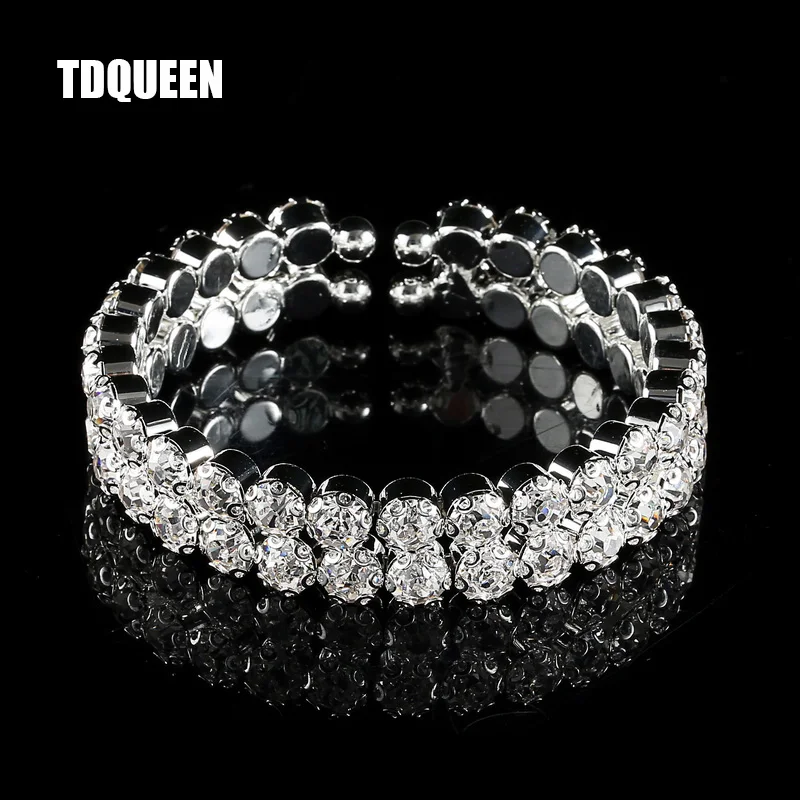 

TDQUEEN Cuff Bracelets Big Crystal Bangles Silver Plated Women Fashion Jewelry 2 Rows Bridal Wedding Open Bracelets Bangles