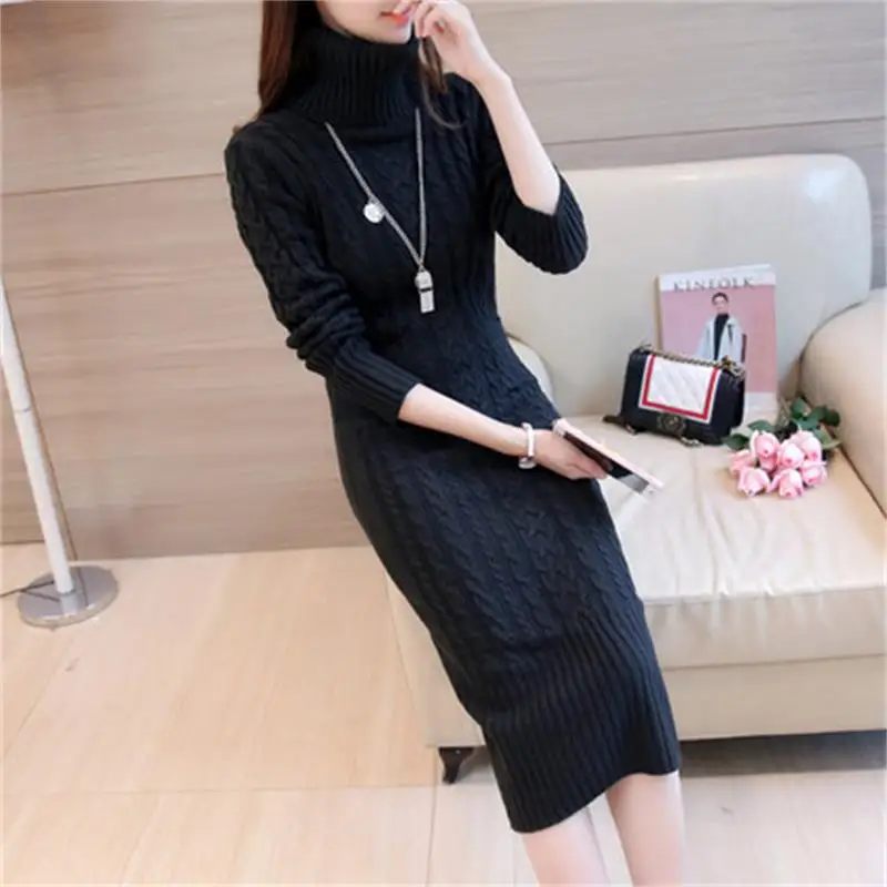 Осень-зима 2019 повседневное длинное вязаное платье-свитер с высоким воротником