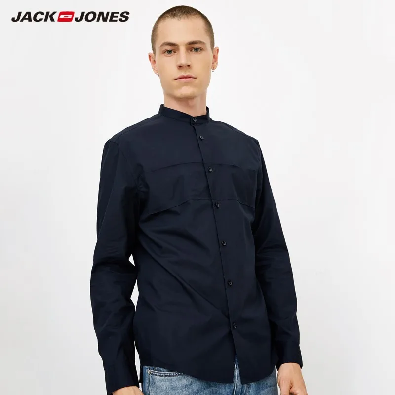 MIDNIGHT JackJones Мужская хлопковая Повседневная рубашка с воротником-стойкой с длинными рукавами Мужская одежда | 218305520 - Цвет: MIDNIGHT