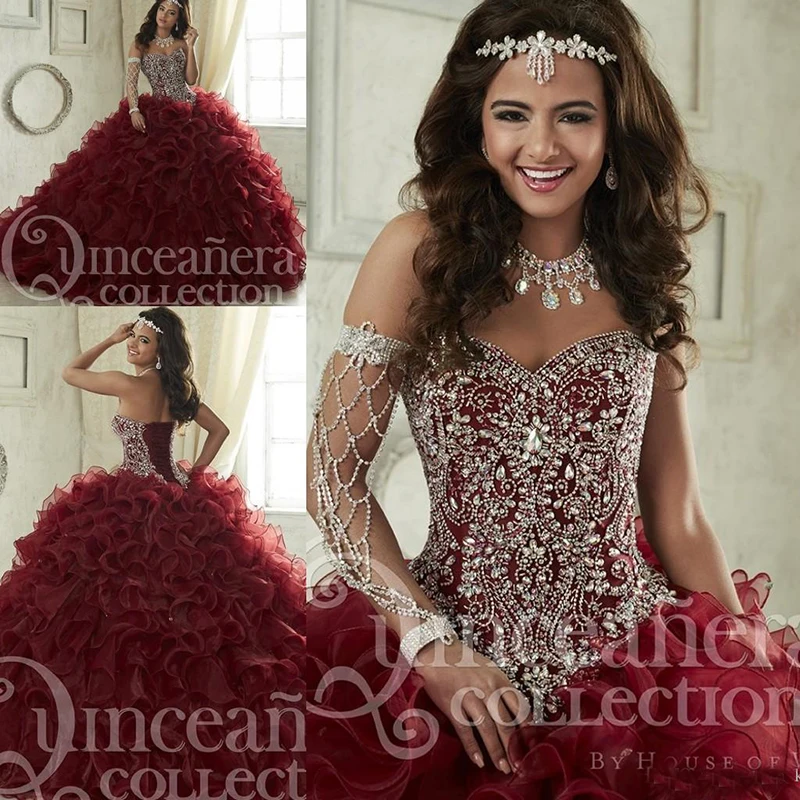 Пышное Платье Maroon Quinceanera роскошный корсет с кристаллами 16 маскарадных платьев со