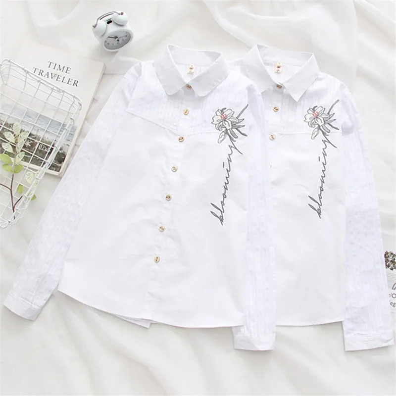 Женская хлопковая блузка H.SA Однотонная рубашка с вышивкой в стиле Харадзюку лето