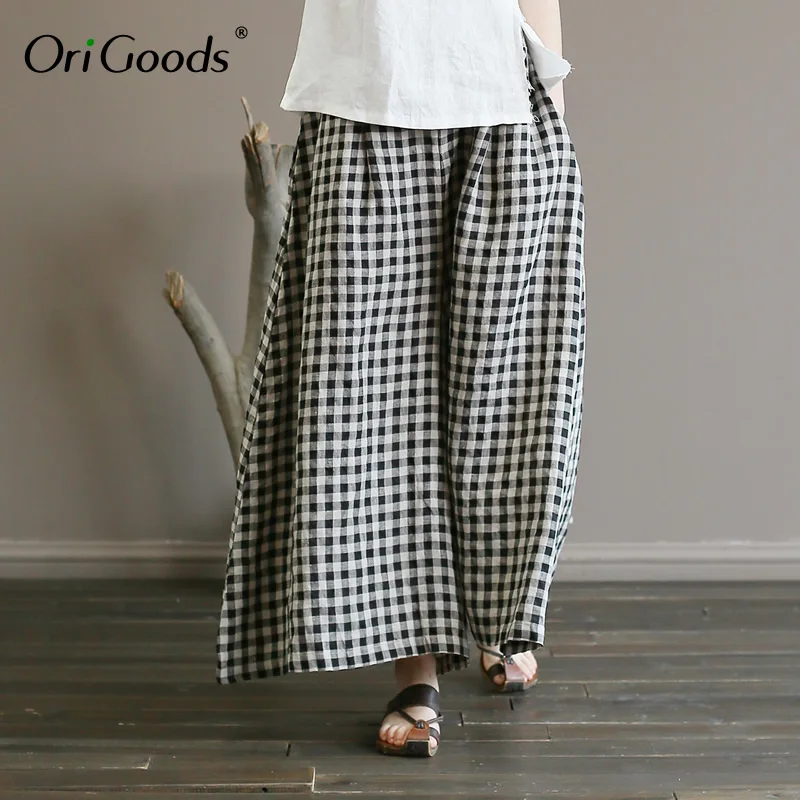 OriGoods Linen Plaid Wide leg Pants Women Elastic waist Plus size Wide leg Trousers 2019 Summer New Skirt Pants Femme A360