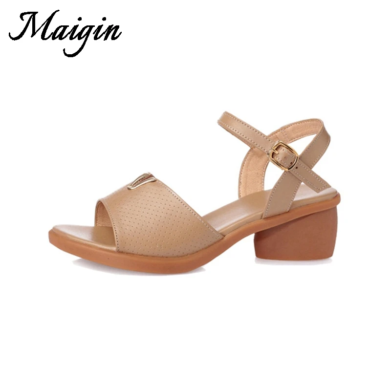 Maigin Cow Leather Women Sandals 2018 New Peep Toe Genuine Block Heel Summer Shoes Buckle Ladies | Обувь