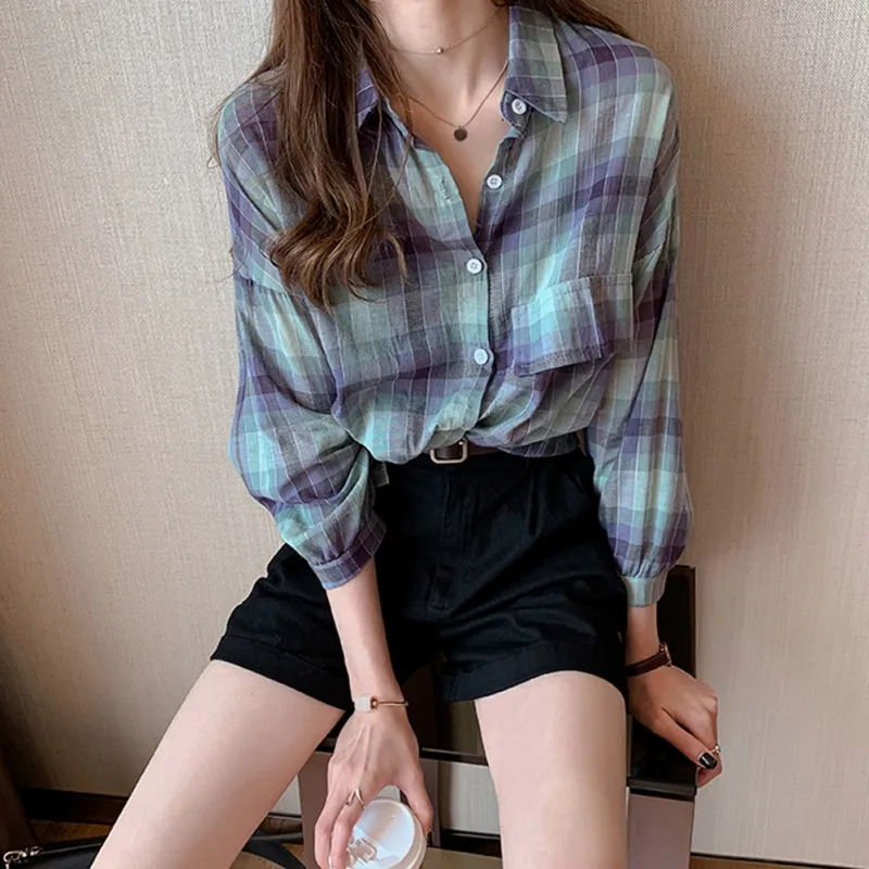 Модная женская блузка в клетку с принтом Рубашка отворотом свободные длинным