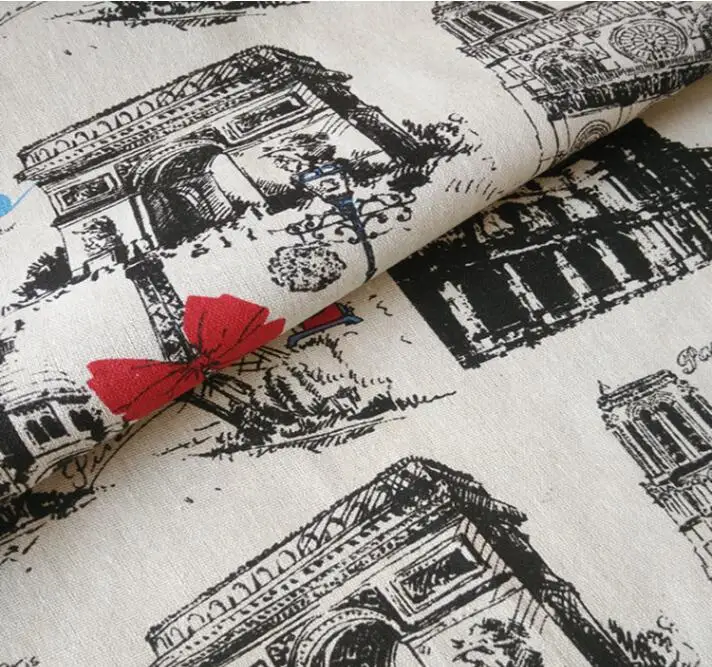 Холщовая льняная ткань с рисунком красного сердца и башни 150 см X 50 для