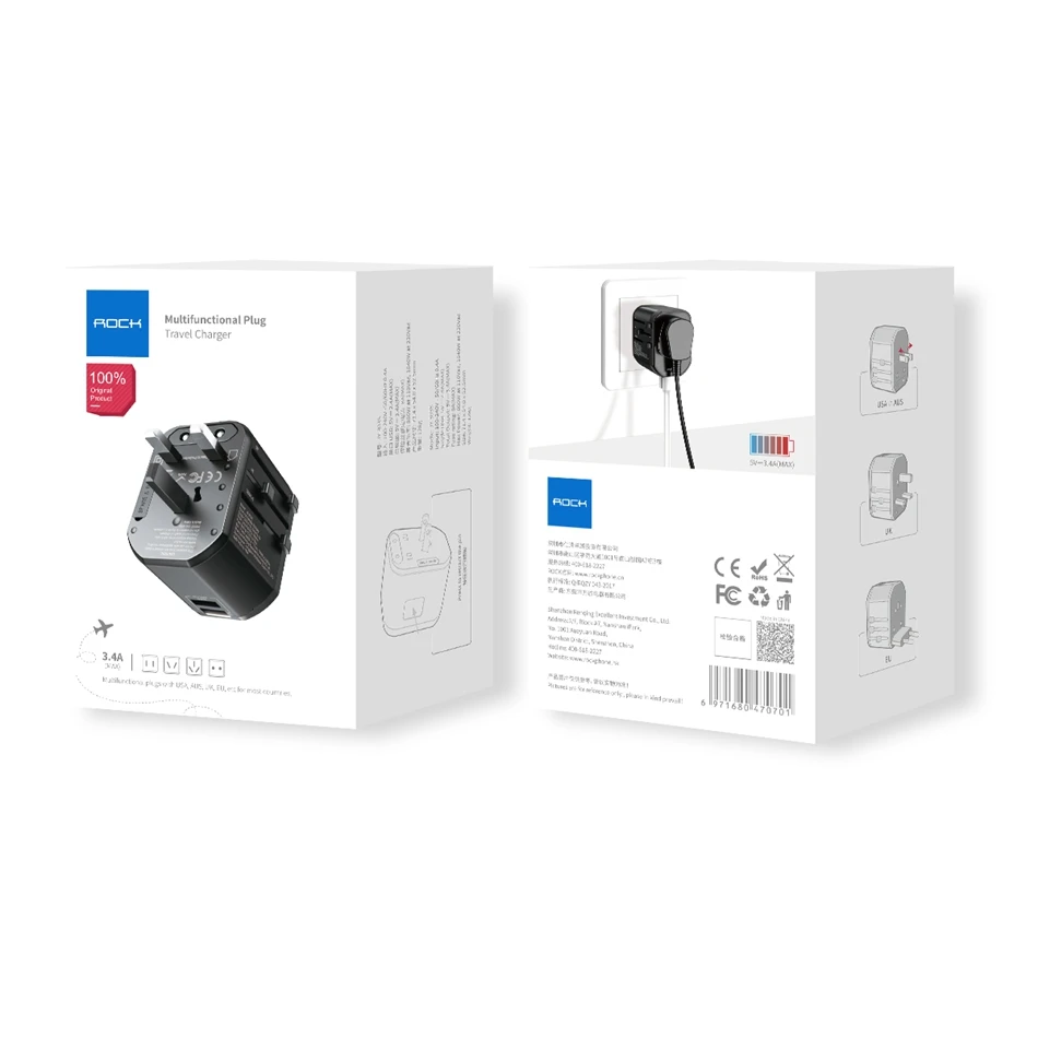 ROCK мультифункциональная USB зарядка для ЕС, США, Великобритании, Австралии, usb-адаптер для iPhone, samsung, huawei, Xiaomi, PD, быстрая зарядка, дорожная вилка
