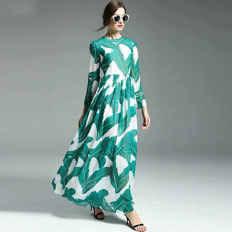 

2016 New Early Autumn Banana Leaves Printed Elegant Dress High Waist Pleated Long Sleeved Big Pendulum Dresses