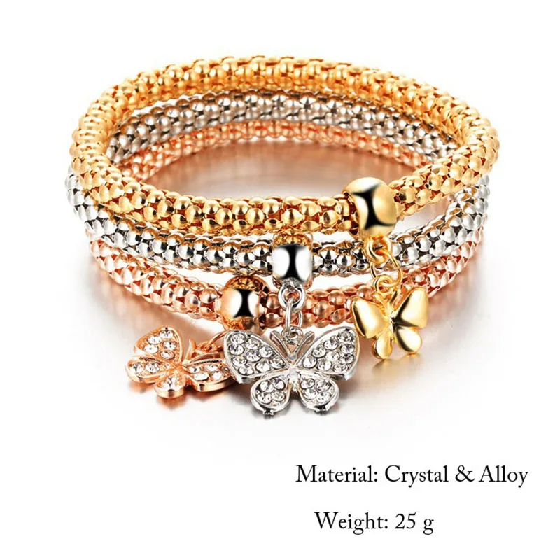 

RE Women alloy 3 colors bracelets set elastic popcorn chain crystal butterfly bracelet pendant jewelry 3pcs/lot H40