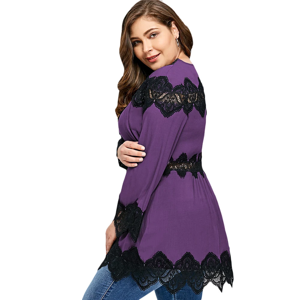 Wipalo Women Long Sleeves 5XL Shirts Autumn Plus Size Lace Panel V-Neck Blouses Hollow Out Female Tops Chiffon Top Blusas | Женская