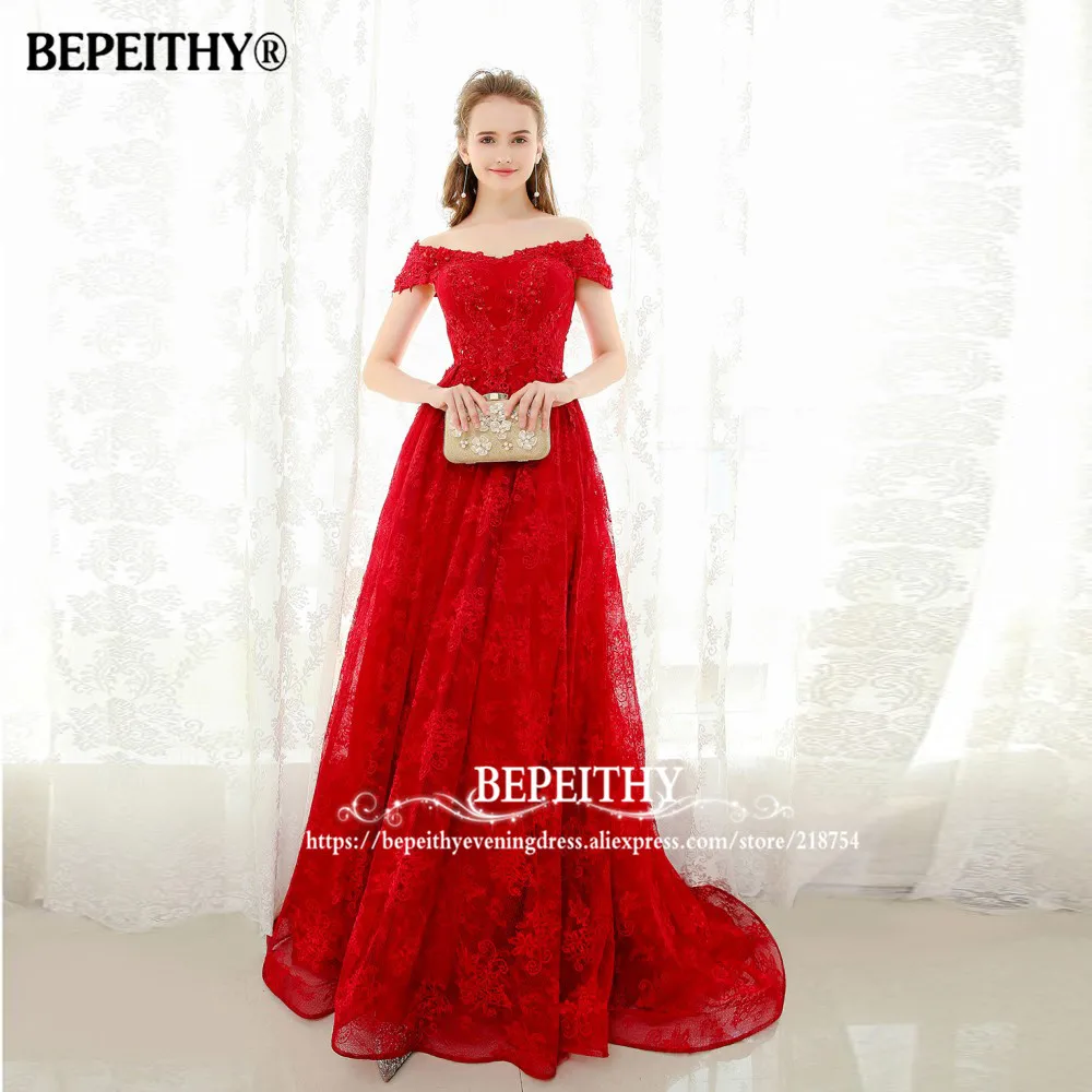 BEPEITHY с открытыми плечами короткими рукавами и кружевами вечернее платье