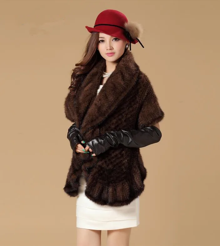 K241-осень зима теплая вязаная накидка с натуральной волосы черный Серый