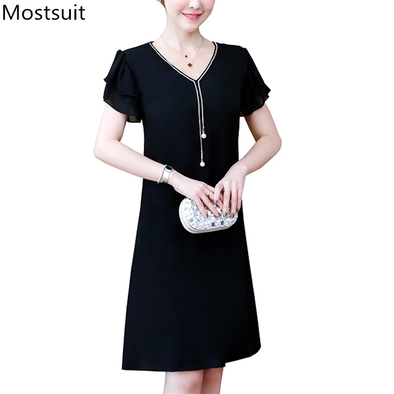 L-5xl Plus Size Elegant Beading Chiffon Dress Women Summer Fashion Short Butterfly Sleeve V-neck Tunic A-line Dresses Robe Femme | Женская