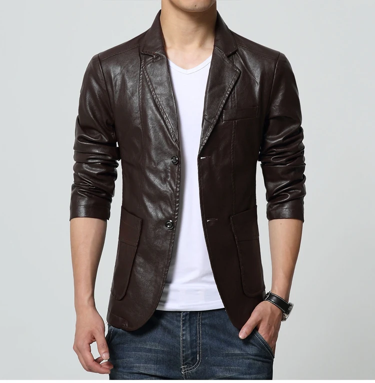High Quality Leather Blazer Men 2019 Autumn Slim Fit Plus Size Solid Mens Jacket M-7XL | Мужская одежда