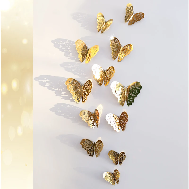 12pcs golden A 12 шт 3D двухслойная Бабочка Наклейка на стену для домашнего декора DIY бабочки магнит на холодильник наклейки для украшения комнаты - Цвет: 12pcs golden A