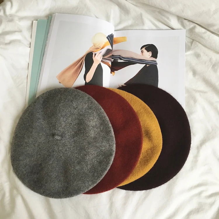 Модные однотонные теплые шерстяные весенние береты Женская облегающая шапка во