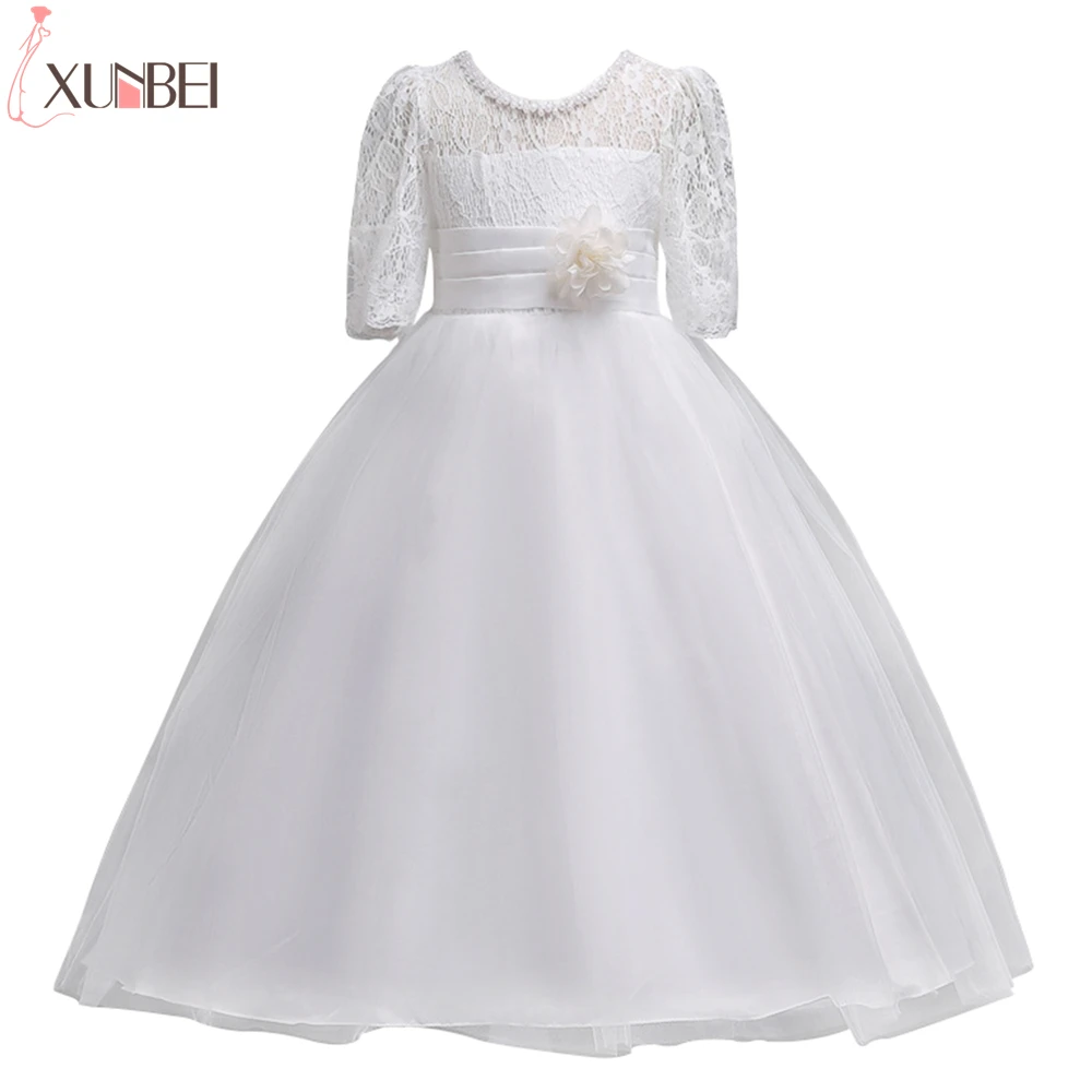 

4-15 Lace Flower Girls Dresses Girl Half Sleeve Pearls Elegant Dresses With Flower Sash Tulle Princess Christmas Ball Gown