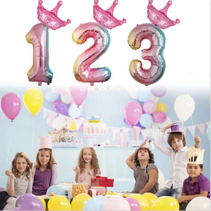 32inch Rainbow Number Balloons with Crown Baby Shower First Birthday Party Air Balloon Unicorn Foil Girls-S | Дом и сад