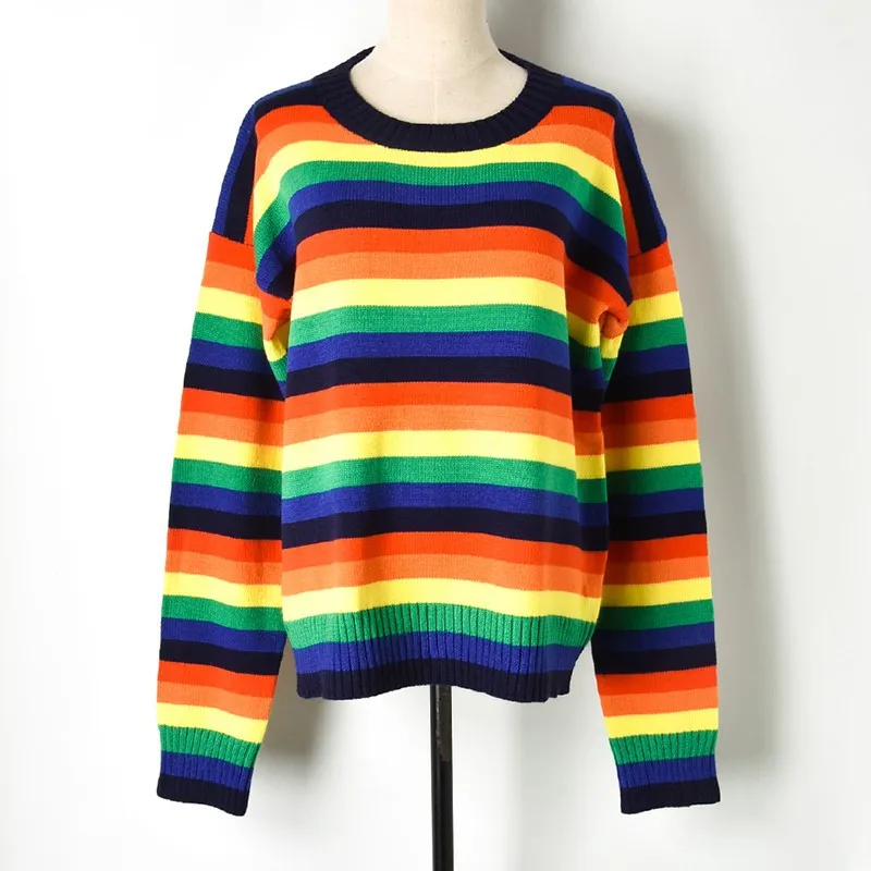Loose Rainbow Striped Sweater 2018 Autumn Winter Contrast Colors Oversized Sweaters Womens O-neck Knitted Pullovers Top | Женская одежда