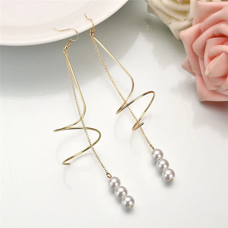 Classical Kpop Accessories Silver Gold Long Earrings Pearl Wrap Spiral Drop For Women Summer 2018 DropShipping | Украшения и