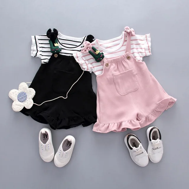 

Summer Baby Girls Clothes Sets Cartoon Rabbit With Bow Strap Shorts+Striped Petal Sleeve T Shirt 2pcs Toddler Clothing Set 9-24M