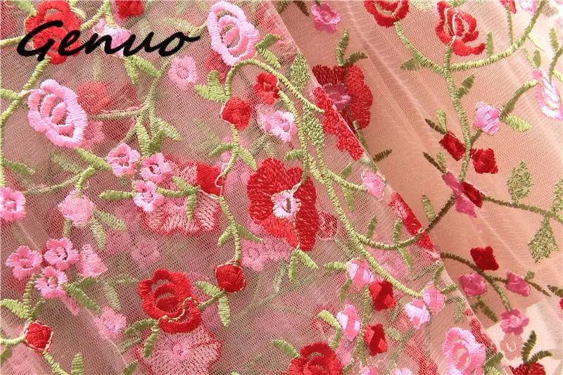 

Vintage Gauze Flower Embroidery Overlay Trench Coat Women Double-Breasted Notched Lantern Sleeve Belt Mesh Long Coat Outerwear