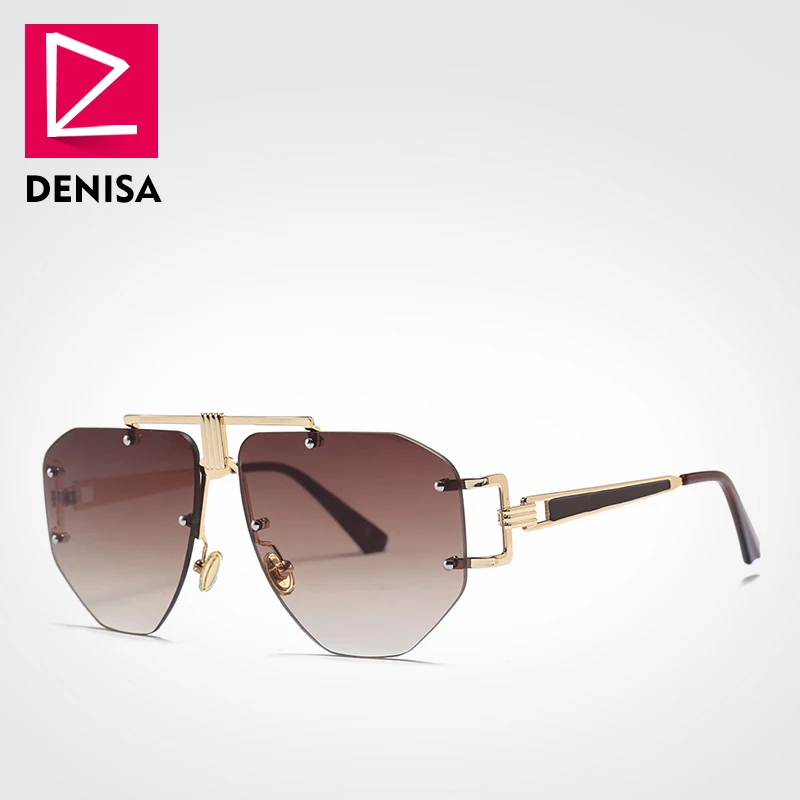 Brown Sunglasses DENISA Роскошные брендовые стильные мужские солнцезащитные очки новые модные серые синие солнцезащитные очки без оправы женские UV400 очки Gafas de sol G23010 - Цвет линз: Brown Sunglasses