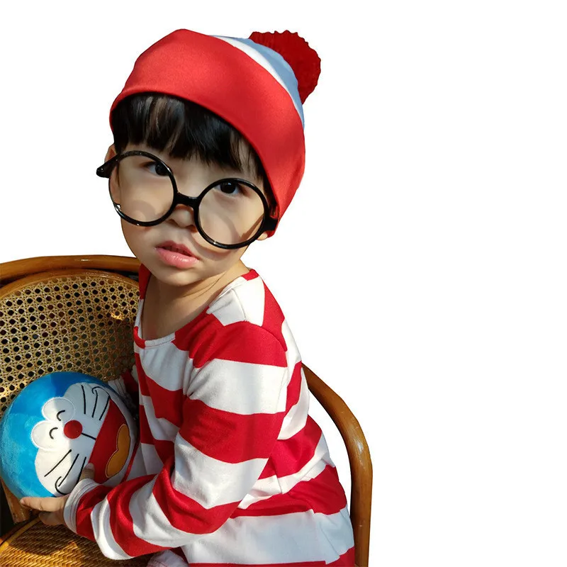 Vocole Child Wally Waldo, карнавальный костюм, красная полосатая рубашка, очки, шляпа, комплект, наряд на день книги