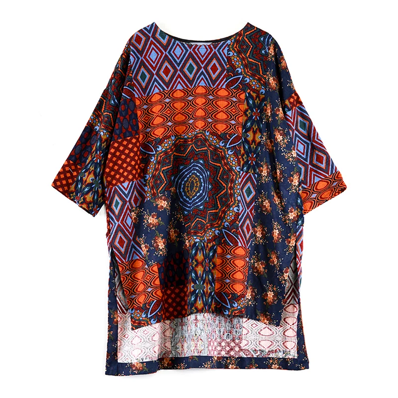 Jiqiuguer Women Coffee Floral Autumn Tops Loose O Neck Print Patchwork Pockets Three quarter Pullover Vintage T Shirts G182Y118 | Женская