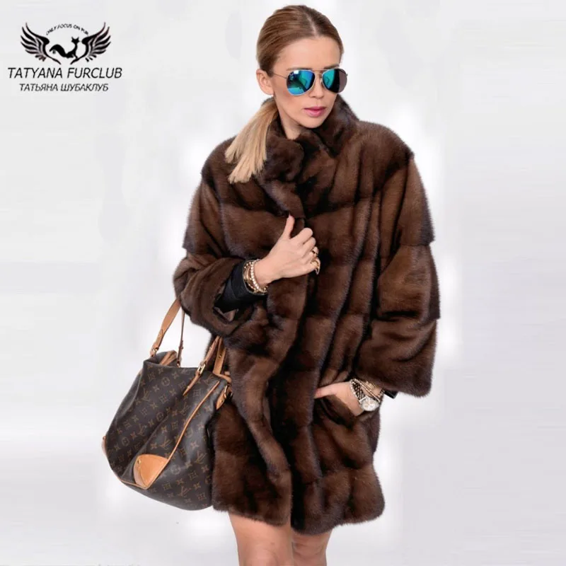 

Tatyana Furclub Real Mink Fur Coat Women Coffee Color Long Type Fur Coats With Stand Collar New Fashion Winter Warm Fur Jackets