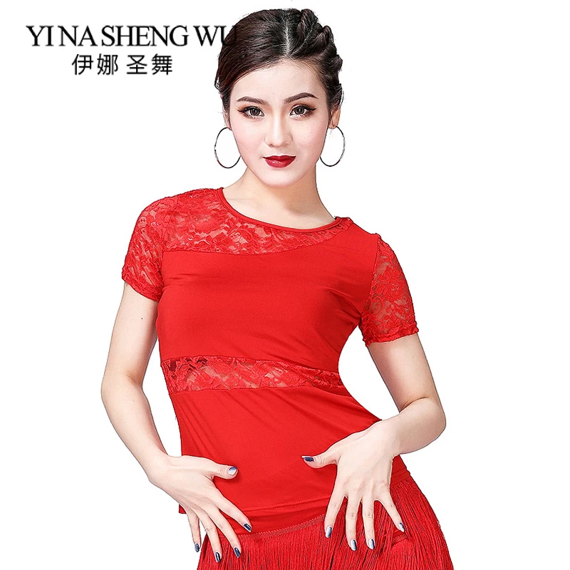 Новая женская одежда для латинских танцев кружевной топ с короткими рукавами