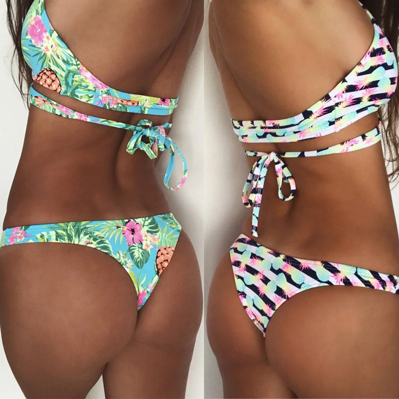 Новинка 2018 сексуальный комплект бикини женское в полоску с принтом ананасов