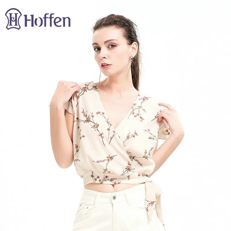 Hoffen Sexy Womens V-neck Chiffon Blouse with Bow Butterfly Sleeve Floral Print Cropped Blouses Shirts Summer Casual Tops Blusas | Женская