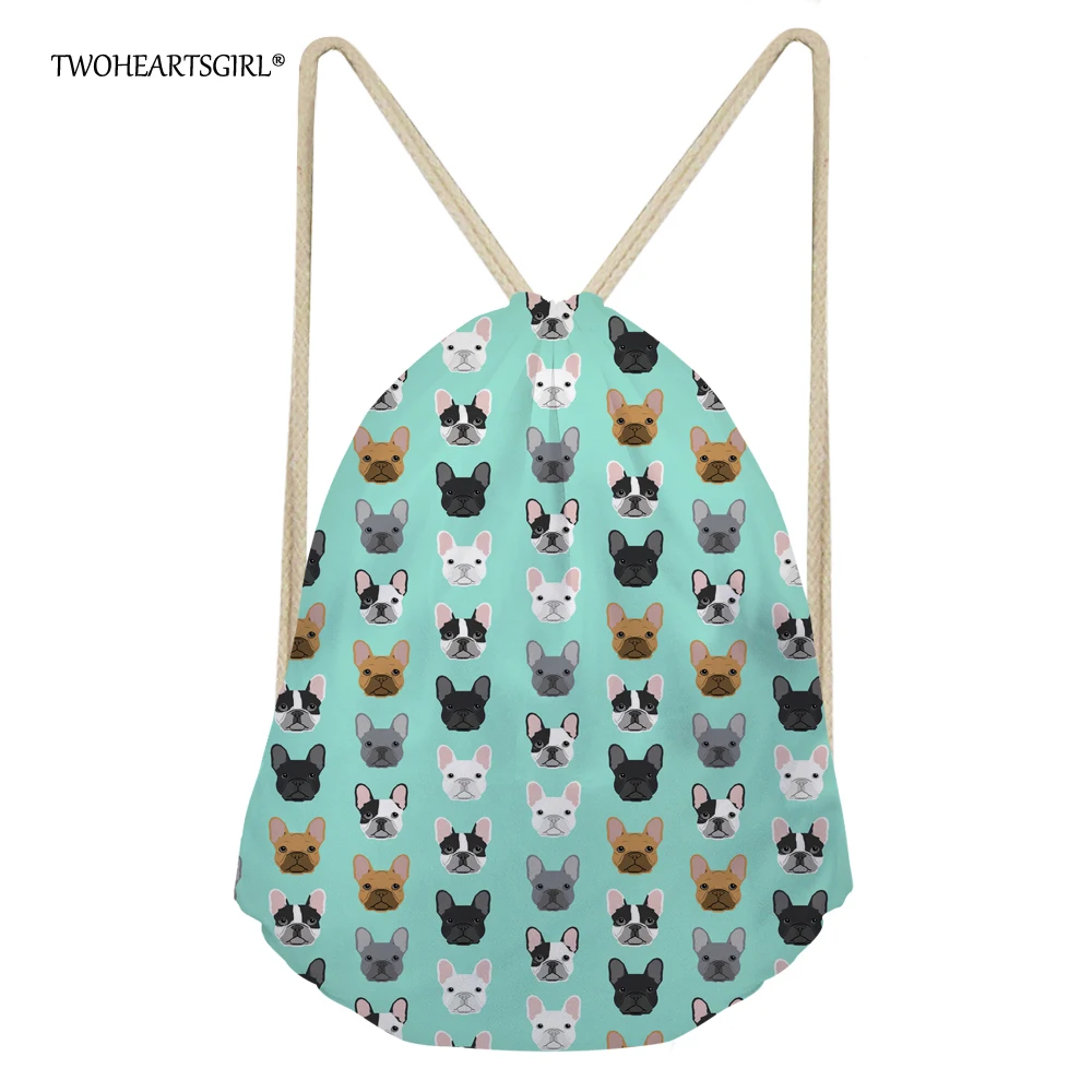 

TWOHEARTSGIRL Mint Green French Bulldog Print Drawstring Bag for Travel Cute Women Kids School Backpack Portable Travel Daypack