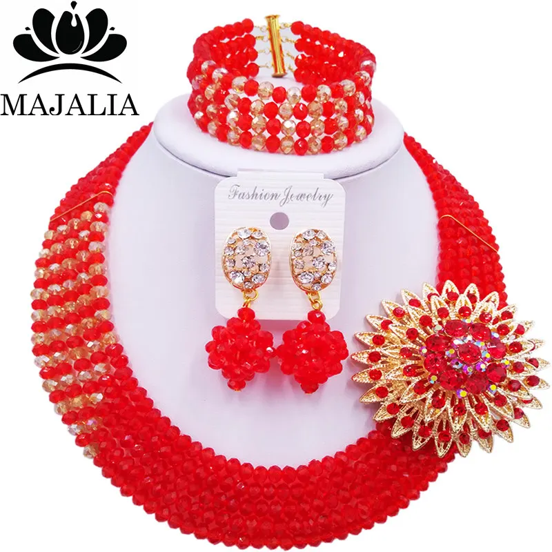 

Majalia Romantic Nigeria Wedding African Beads Jewelry Set Red and Gold ab Crystal Necklace Bridal Jewelry Sets 5AS041