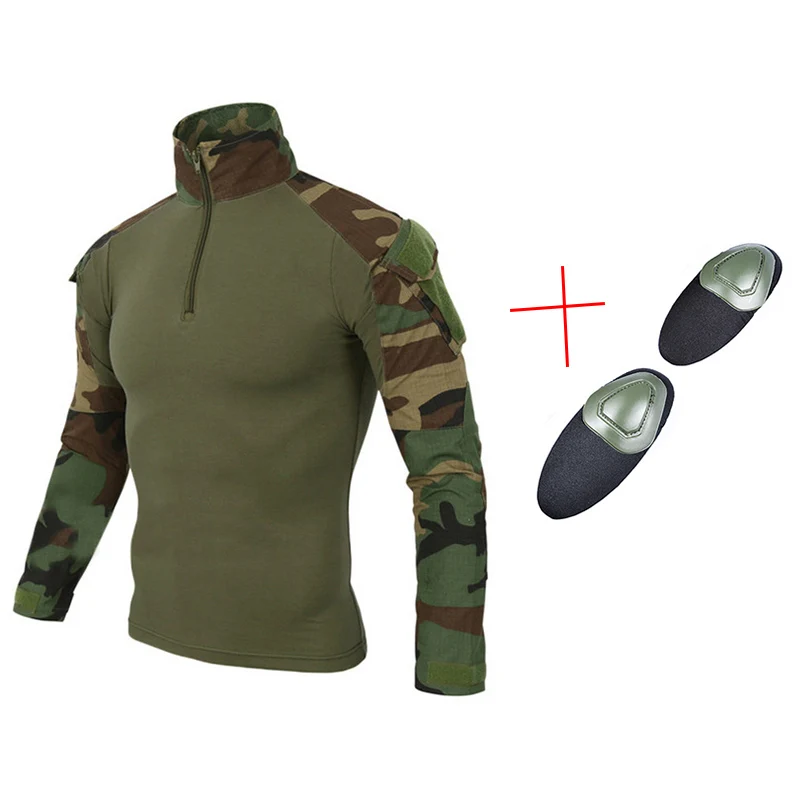 Woodland Camo Военная мультикамера Военная боевая рубашка Униформа тактическая рубашка с налокотниками камуфляжная охотничья одежда Ghillie костюм Топ - Цвет: Woodland Camo