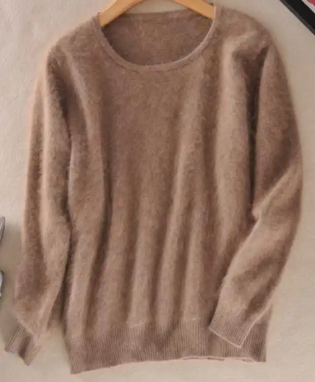 Женский норковый свитер 2018 с круглым вырезом и закатывающимся подолом короткий