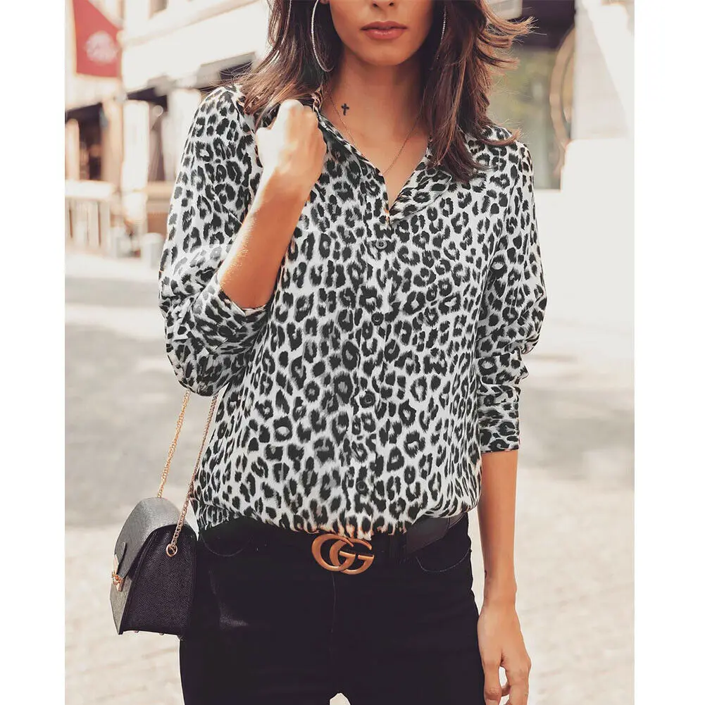 Fashion 2019 Women Sexy Leopard Print Button V-neck Casual Tops Long Sleeve Blouse Spring Autumn Shirts | Женская одежда