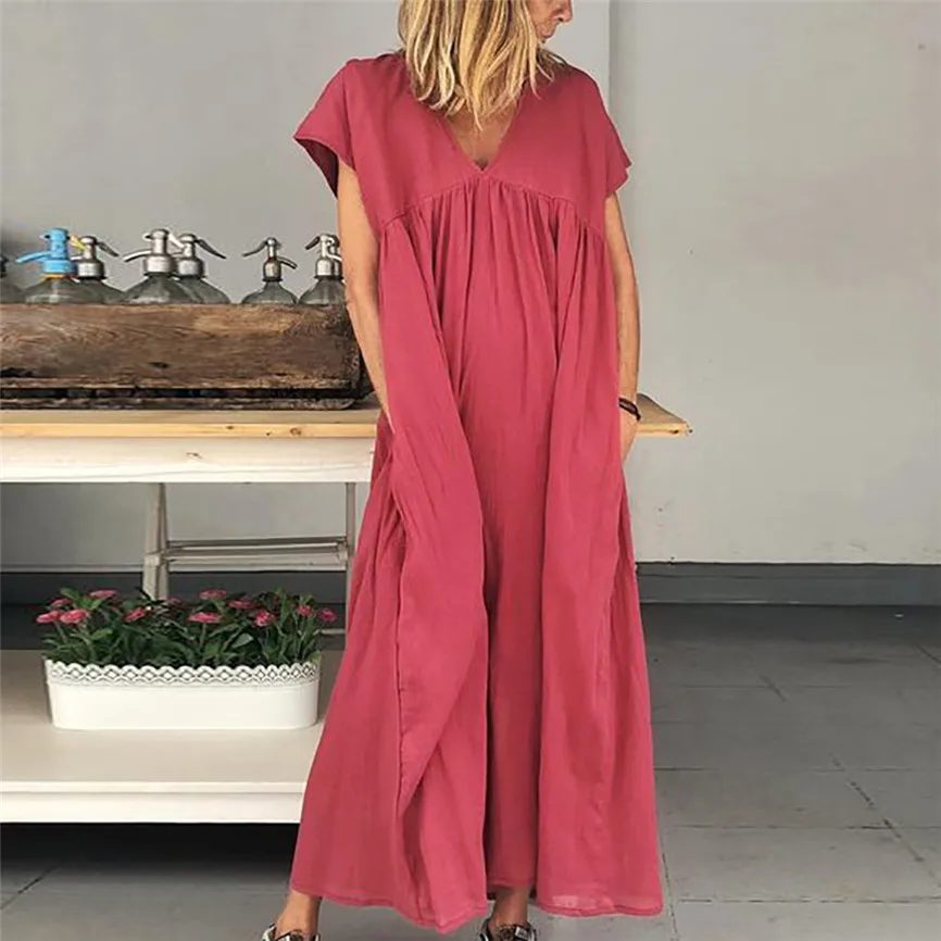 Женское свободное платье SAGACE однотонное до щиколотки с коротким рукавом и v