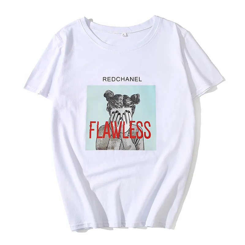 Ulzzang рубашки 100% хлопковая футболка с надписью Flawless женские летние топы 2019 Harajuku