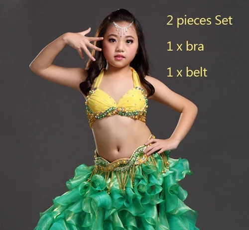 Green gold bra belt Детская Одежда для танцев живота, 3 предмета, Восточный Костюм, бюстгальтер, пояс, юбка для девочек, костюм для танца живота, профессиональный комплект - Цвет: Green gold bra belt