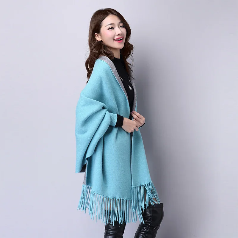 Light blue Новинка осени, новые модные свитера, женский кардиган, пальто летучая мышь, длинный рукав, свободный женский жакет с бахромой, шаль, накидка, большие размеры, топы - Цвет: Light blue