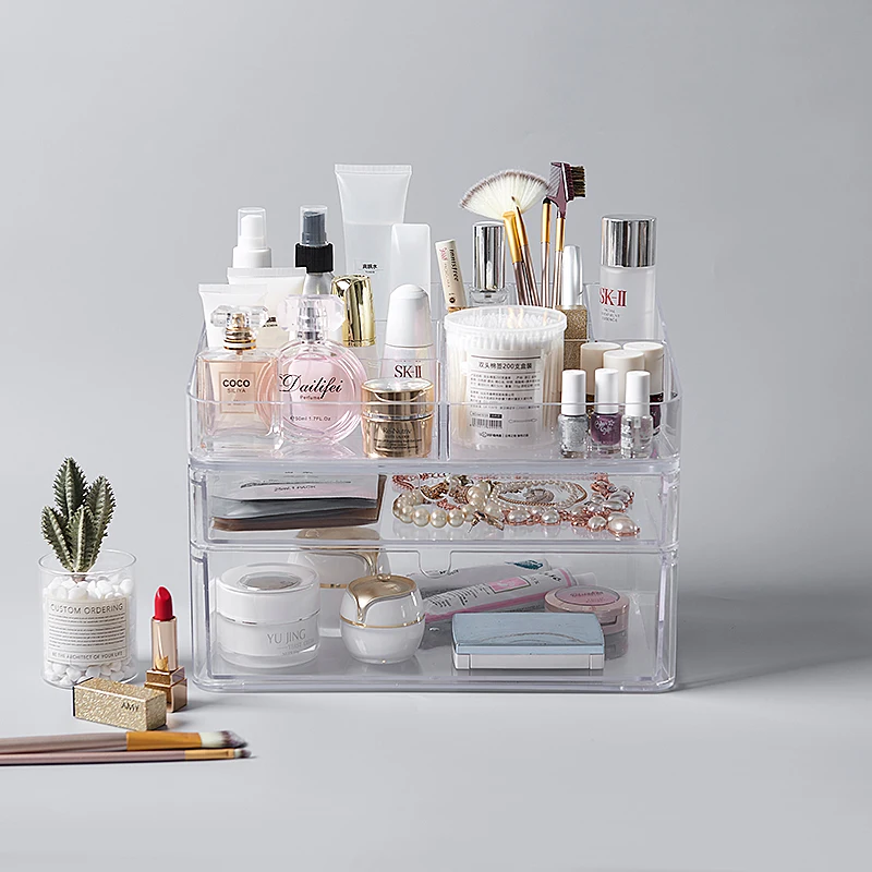 

Fashion Makeup Organizer Box Combinable Transparent Acrylic Double Drawer Cosmetics Receivin Home Desktop Organizer