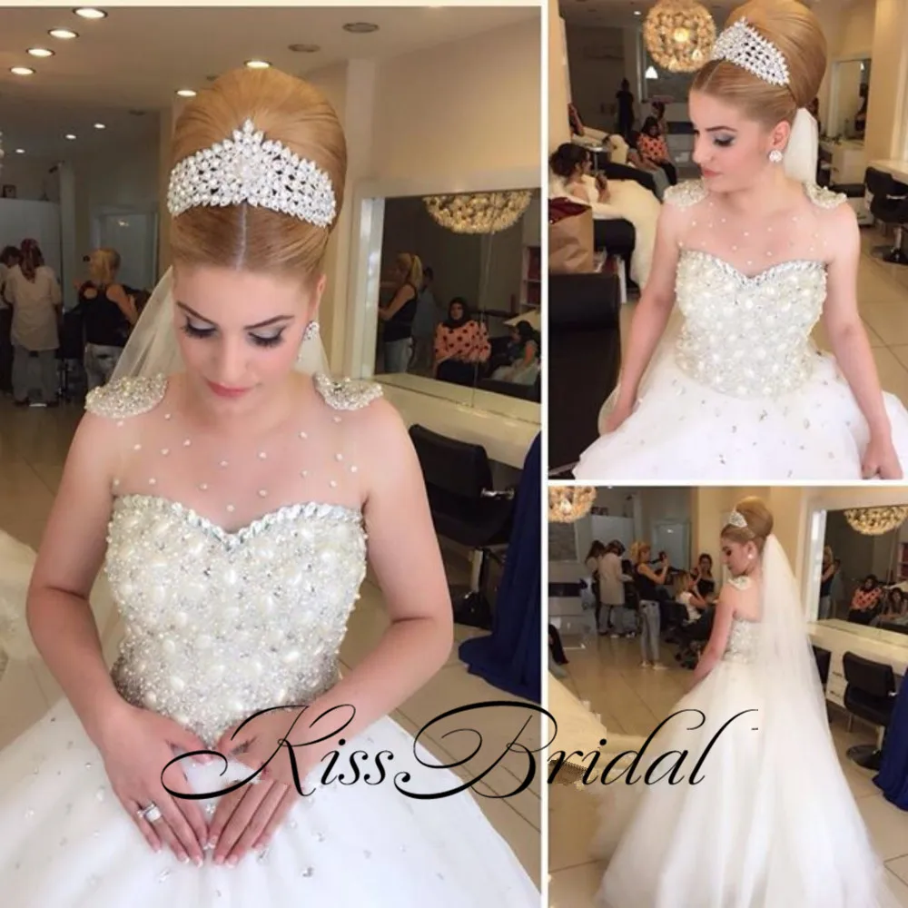 

Vestido de noiva longo New 2017 O-Neck Sleeveless Chapel Train A-Line Crystal Beaded Tulle Long Wedding Dress New