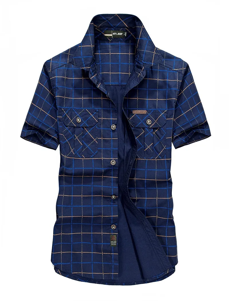 Размера плюс M~ 4XL 5XLSummer Для Мужчин's хлопковые рубашки в клетку синяя однотонная Цвет платье короткий рукав рубашки Повседневное человек брендовая одежда