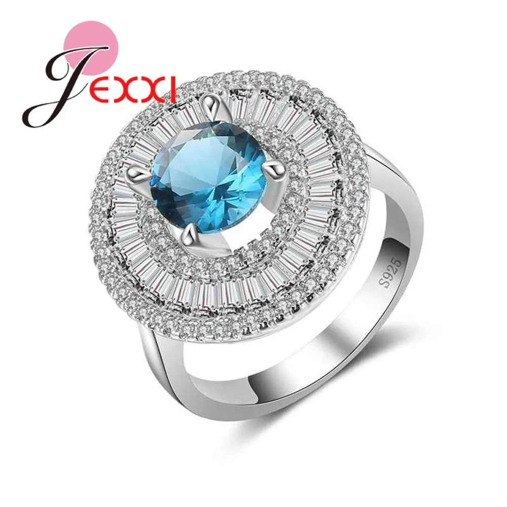 

Exaggerate Double Round Crystal Ring Clear Blue Zircon Stone 925 Sterling Silver Needle Classic Wedding bridal Jewelry for Women