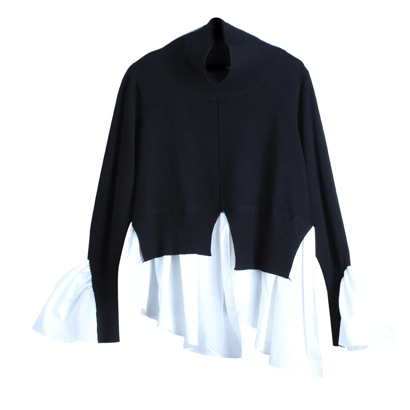 TWOTWINSTYLE Knitting Turtleneck Sweater Womens Flare Sleeve Ruffles Patchwork Draped Irregular Pullover Spring Fashion Harajuku | Женская