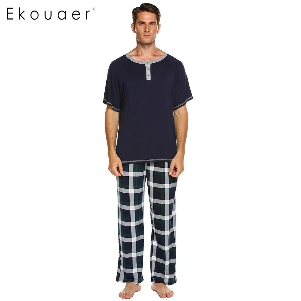 Ekouaer мужской пижамный комплект 100% хлопок мягкая одежда для сна топ с короткими