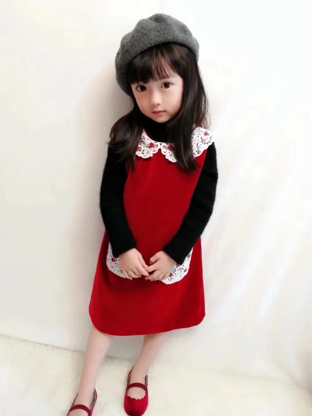 2018 осень-зима Винтаж красное велюровое платье трапециевидной формы для