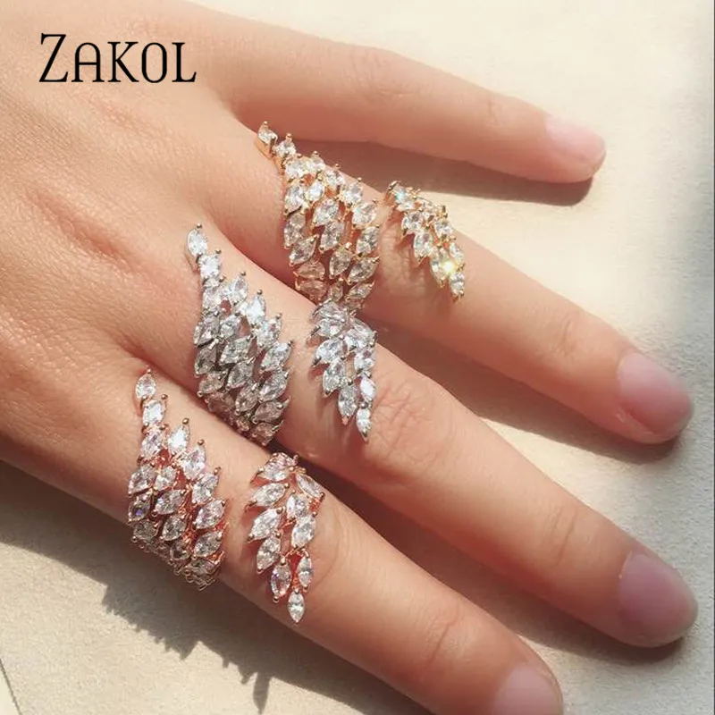 ZAKOL Роскошные Крылья из циркона регулируемое кольцо Мода маркиза огранки кубического циркония Открытые Кольца для женщин Свадебные ювелирные изделия FSRP2009