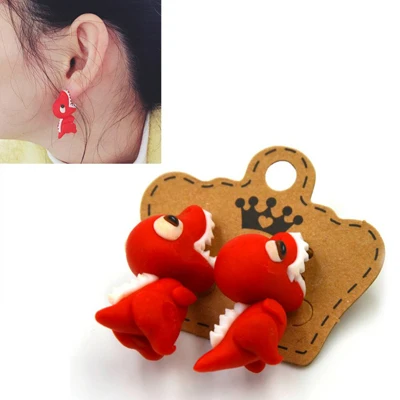 Red Dinosaur Модные серьги-гвоздики в виде животных ручной работы из полимерной глины, акулы, крокодила, кота, пираньи, серьги для женщин, серьги для пирсинга, ювелирные изделия - Окраска металла: Red Dinosaur